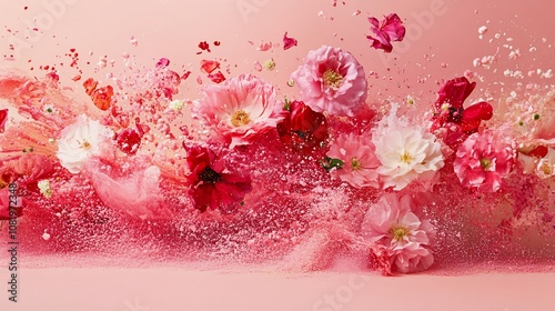 A vibrant pink and white flower explosion against a pastel pink background.