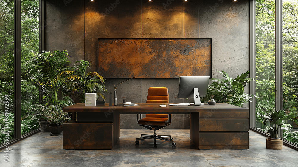 Industrial Chic Office Space: A modern, spacious office with a rustic-industrial design. Large windows overlook lush greenery, creating a serene workspace. Industrial Chic Office Space: A modern, spacious office with a rustic-industrial design. Large windows overlook lush greenery, creating a serene workspace.