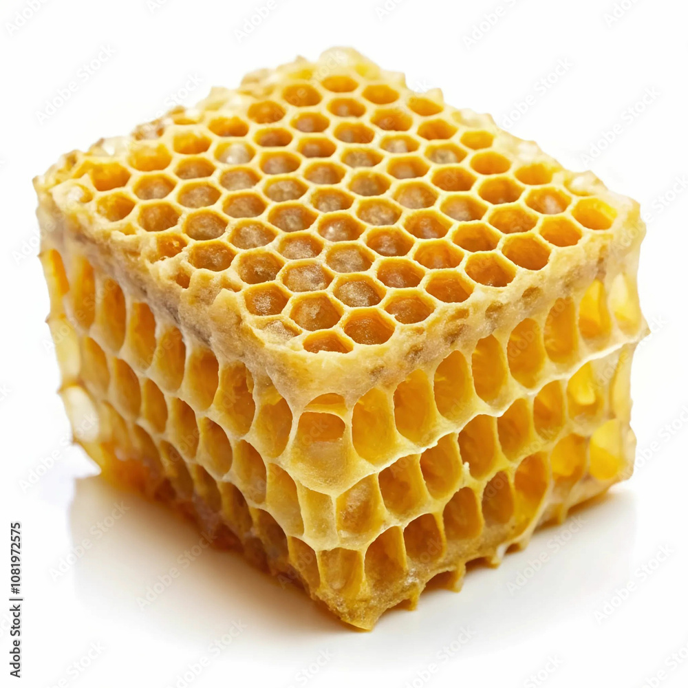 A close-up of a yellow honeycomb slice, dripping with golden honey A close-up of a yellow honeycomb slice, dripping with golden honey