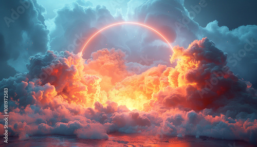 Neon burning circle frame in cloudscape photo