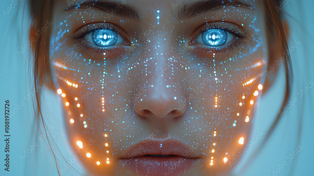Cybernetic Beauty: Glowing digital patterns illuminate a woman's face, her eyes radiating an ethereal glow in this captivating portrait. A fusion of human and machine, a vision of futuristic beauty. Cybernetic Beauty: Glowing digital patterns illuminate a woman's face, her eyes radiating an ethereal glow in this captivating portrait. A fusion of human and machine, a vision of futuristic beauty.