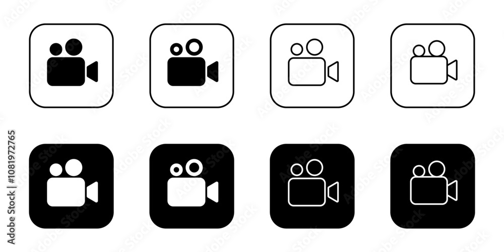 Video camera icon set on black square. Film, movie sign symbol Video camera icon set on black square. Film, movie sign symbol