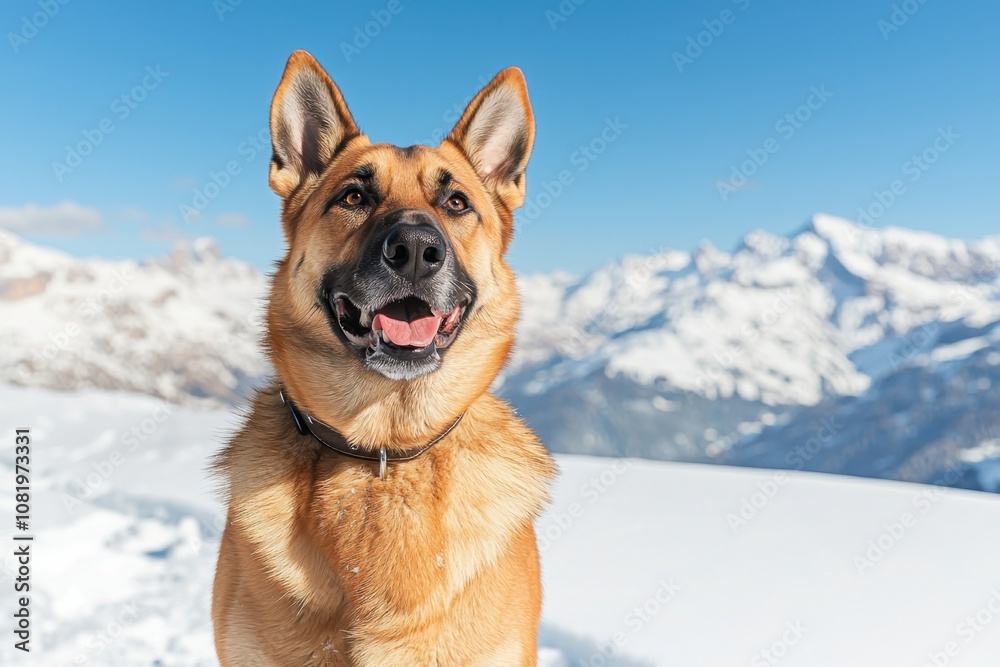 Pet in snowy mountain landscape concept. A happy dog stands in a snowy landscape, with mountains in the background, showcasing a bright blue sky Pet in snowy mountain landscape concept. A happy dog stands in a snowy landscape, with mountains in the background, showcasing a bright blue sky