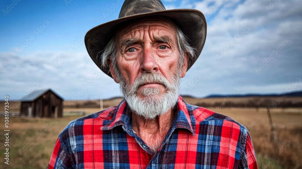 Man with a hat and beard is standing in a field. He is wearing a red plaid shirt and a cowboy hat Man with a hat and beard is standing in a field. He is wearing a red plaid shirt and a cowboy hat