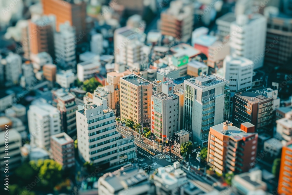Fototapeta Aerial view of a cityscape with a tilt-shift effect making skyscrapers and streets look miniature, evoking a whimsical and artistic feel. 