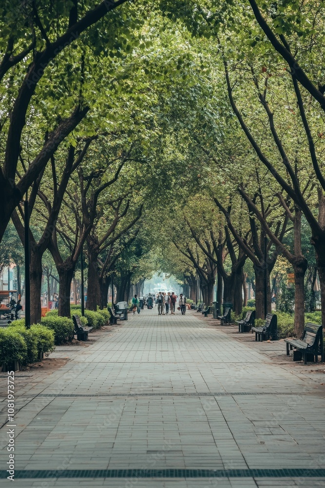 Tree-lined pathway with people and benches. Tree-lined pathway with people and benches.