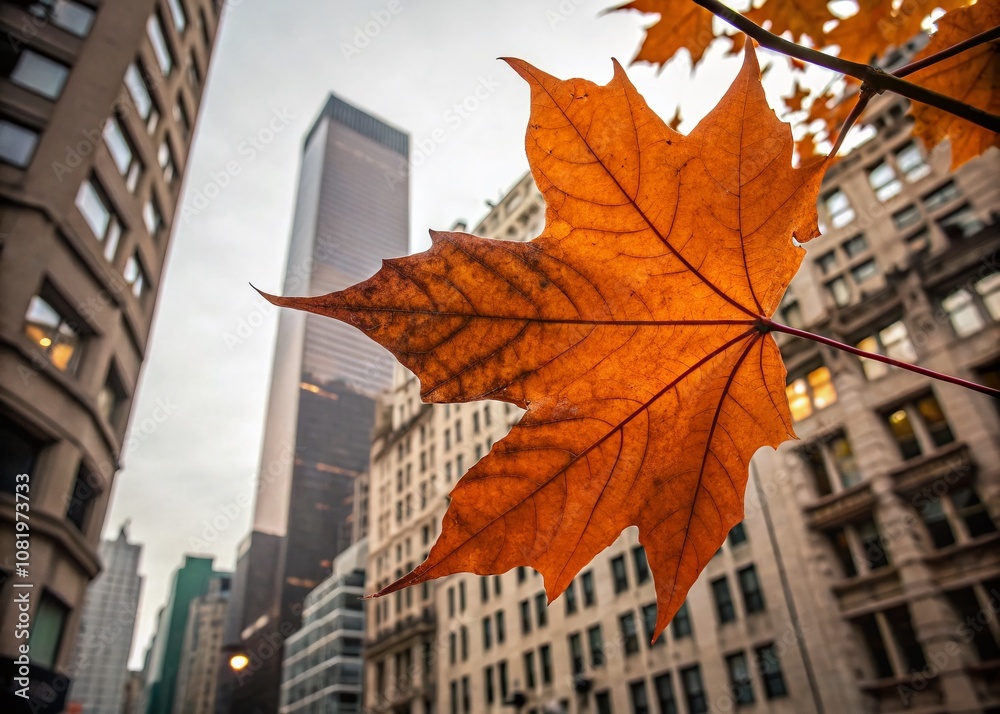 Obraz premium Vibrant Orange Autumn Leaf with Delicate Veins Ideal for Fall Designs and Seasonal Nature-Themed Products in Urban Exploration Photography