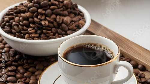 Hot cup of coffee with coffee beans 