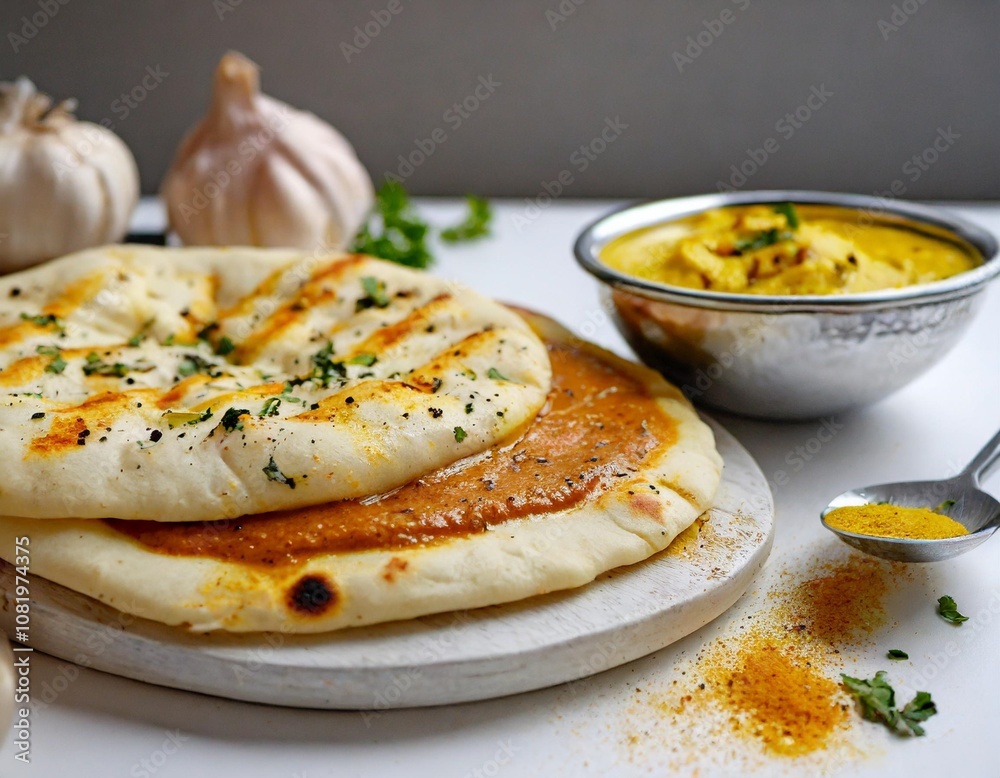Freshly Baked Butter Garlic Naan, Lightly Brushed with Ghee and Served with a Side of Spicy Indian Curry on a Clean White Background, Ready to Enjoy Freshly Baked Butter Garlic Naan, Lightly Brushed with Ghee and Served with a Side of Spicy Indian Curry on a Clean White Background, Ready to Enjoy
