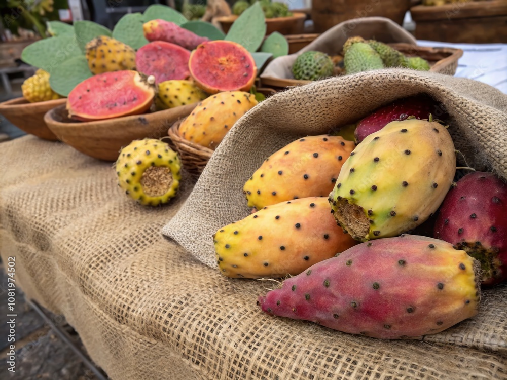 Vibrant Prickly Pears Displayed on Rustic Jute Fabric, Showcasing Nature's Beauty and Textural Contrast in a Fashion-Inspired Setting Vibrant Prickly Pears Displayed on Rustic Jute Fabric, Showcasing Nature's Beauty and Textural Contrast in a Fashion-Inspired Setting
