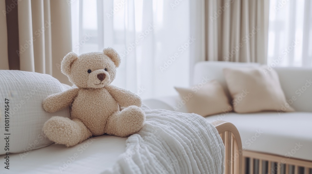 Cozy nursery interior featuring a soft teddy bear sitting on a comfortable crib with soothing pastel colors, perfect for a child's room decor and creating a warm atmosphere Cozy nursery interior featuring a soft teddy bear sitting on a comfortable crib with soothing pastel colors, perfect for a child's room decor and creating a warm atmosphere