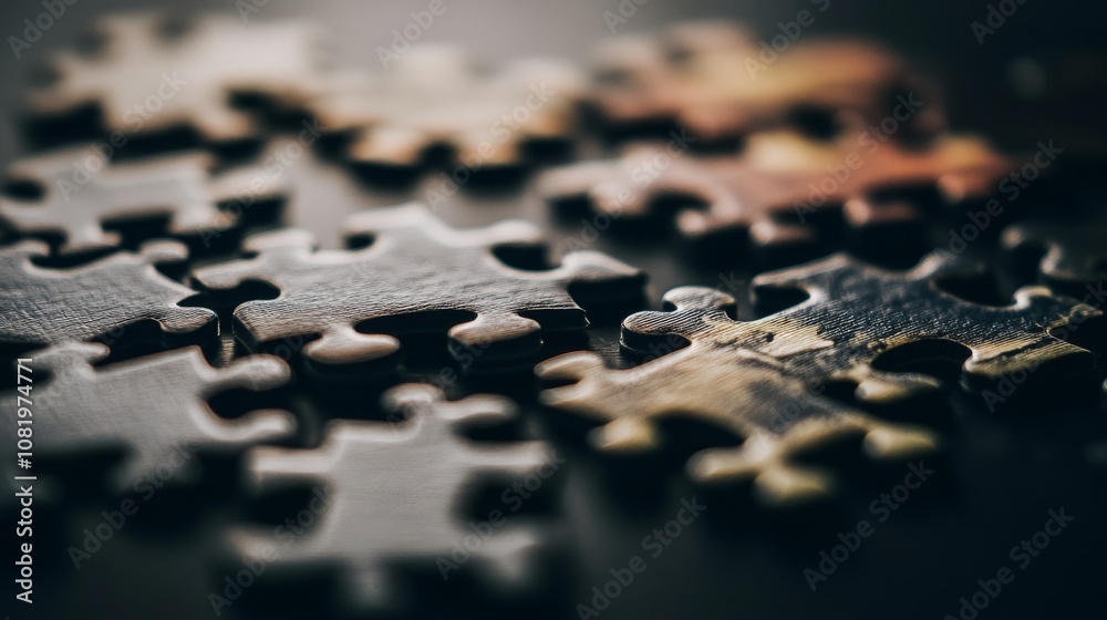 Close-Up View of Interlocking Puzzle Pieces on a Dark Surface Highlighting Texture, Color Variations, and Light Reflections Creating a Mysterious Atmosphere Close-Up View of Interlocking Puzzle Pieces on a Dark Surface Highlighting Texture, Color Variations, and Light Reflections Creating a Mysterious Atmosphere