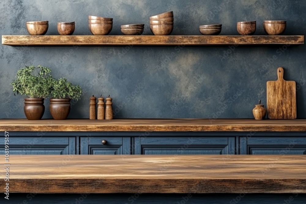Fototapeta premium A nice tidy kitchen with a wooden kitchen counter and white walls
