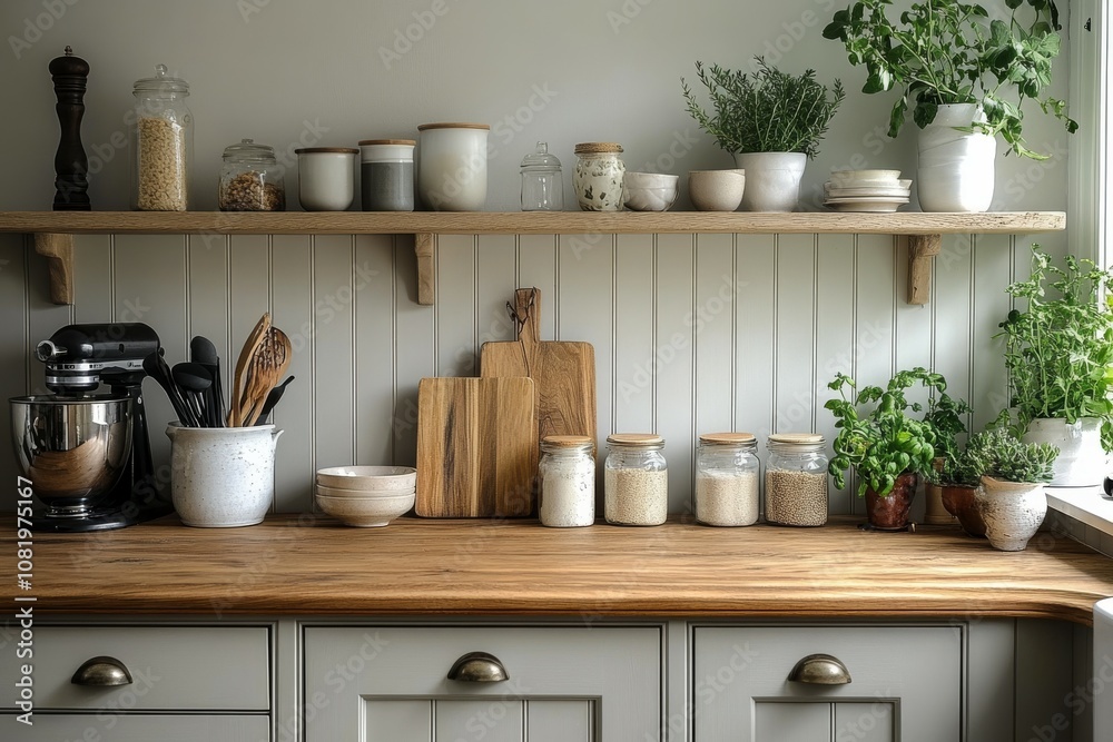 A nice tidy kitchen with a wooden kitchen counter and white walls A nice tidy kitchen with a wooden kitchen counter and white walls