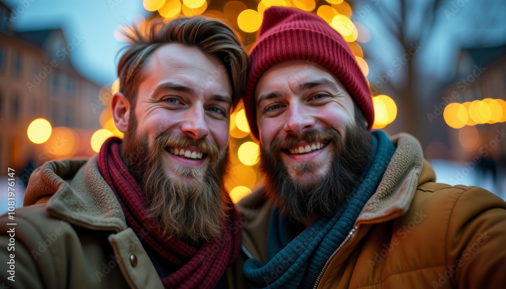 Two Happy Men Smiling in a City at Night Two Happy Men Smiling in a City at Night