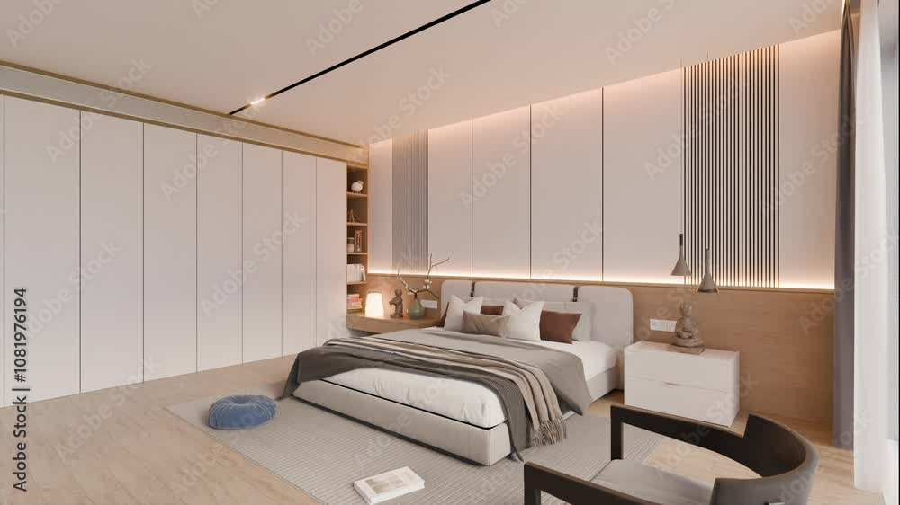 interior of modern luxury bedroom with furniture, video ultra HD 4K 3840x2160,  3D animation bedroom design architecture visualization