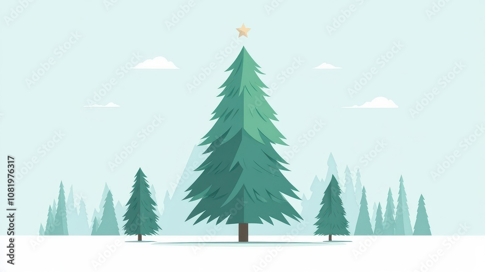 Obraz premium Cartoon Christmas Tree with Star in a Calm Landscape
