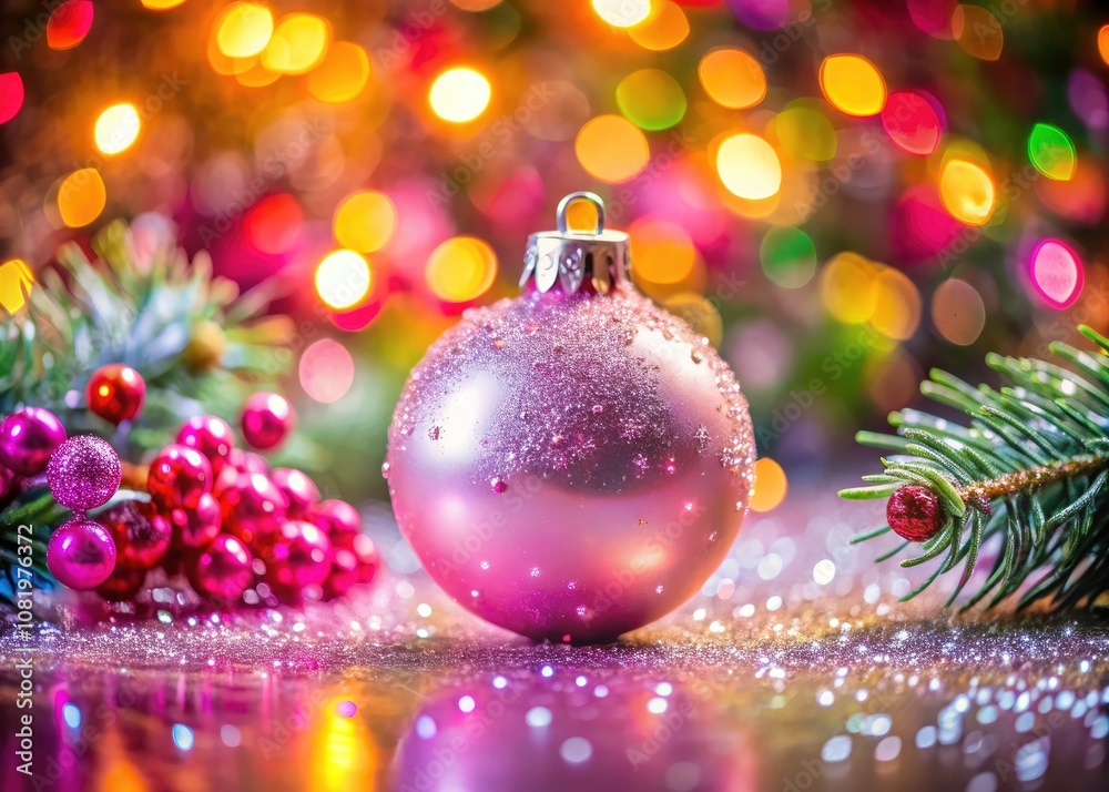 Close-Up of a Sparkling Pink Christmas Ornament with Water Droplets in a Festive Bokeh Background for Holiday Decor Inspiration