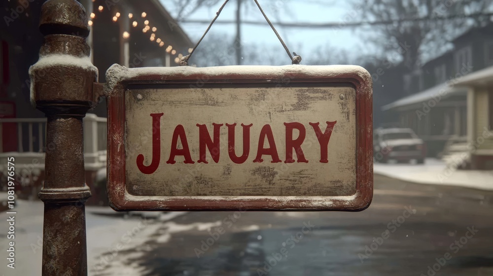 Obraz premium Welcome, January Snowy Neighborhood Scene with a Vintage Sign Announcing the New Year