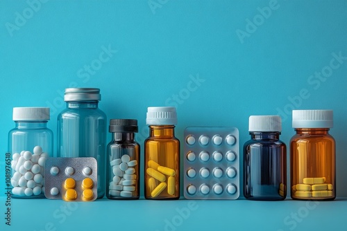 Jars and blisters with tablets and capsules close-up on blue background. Medicine, hospital, treatment, disease, drugs