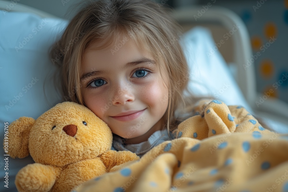 Little girl with plush toy in hospital ward lies on pillow. Medicine, hospital, treatment, illness Little girl with plush toy in hospital ward lies on pillow. Medicine, hospital, treatment, illness