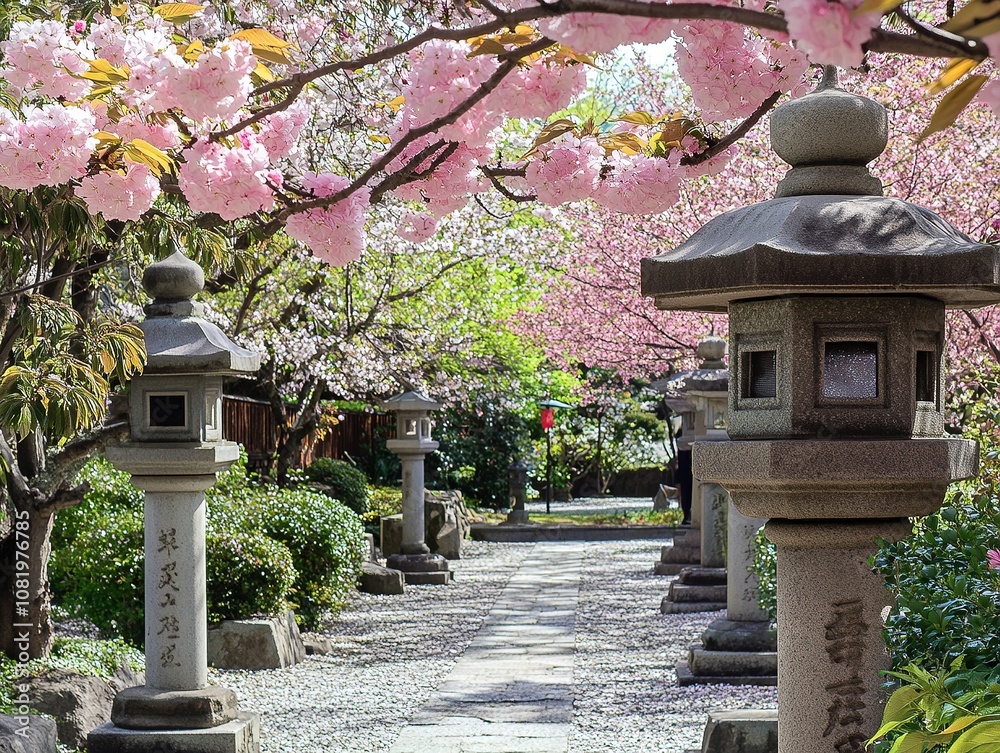 Japanese stone lantern with cherry blossoms in spring. Japanese stone lantern with cherry blossoms in spring.