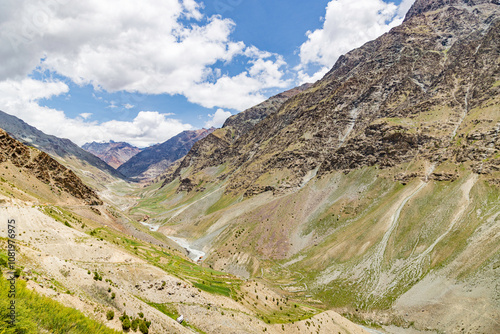 View of himalayan mountains at darcha near barsi bridge and bhag river in the lahaul sub-division in the lahaul and spiti district in the Indian state of himachal pradesh. photo