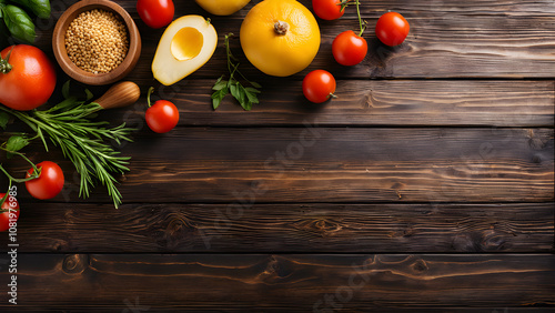 Tomatoes, basil, olive oil and spices on wooden background. Top view with copy space