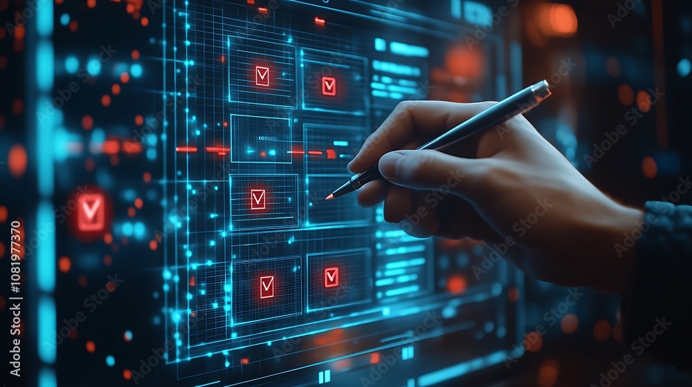 Technology digital background with pen, A persons hand holding a pen checking off items Technology digital background with pen, A persons hand holding a pen checking off items