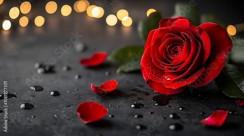 Red rose with petals and water drops on dark background with bokeh lights.