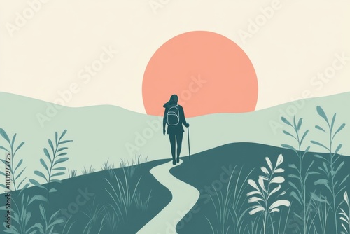 Minimalistic illustration of a hiker against a scenic sunset for inspirational design and nature-themed creations