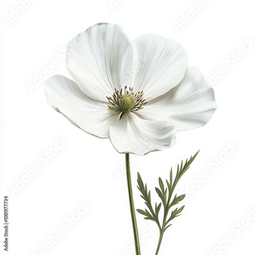 Elegant White Flower with Delicate Petals and Green Leaves