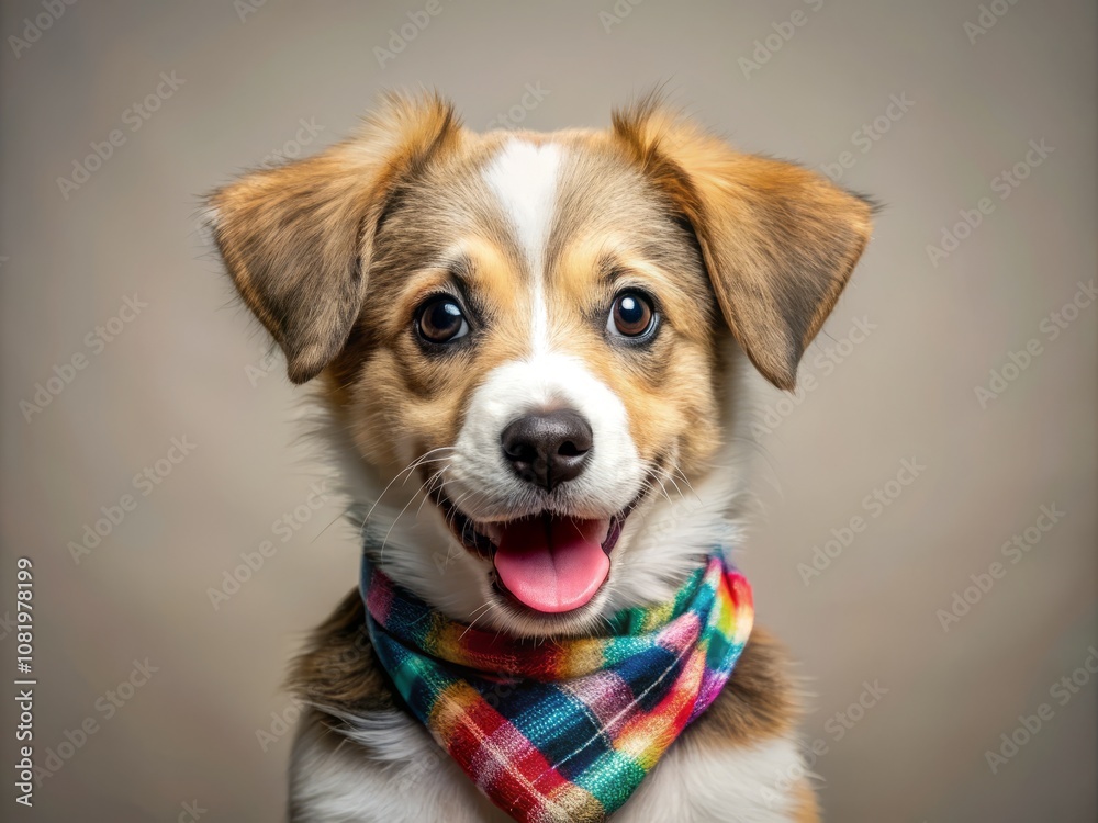 Adorable Puppy in Bandana with Tongue Out: A Minimalist Photography Delight Capturing the Charm and Playfulness of a Cute Dog Directly Engaging with the Camera Adorable Puppy in Bandana with Tongue Out: A Minimalist Photography Delight Capturing the Charm and Playfulness of a Cute Dog Directly Engaging with the Camera