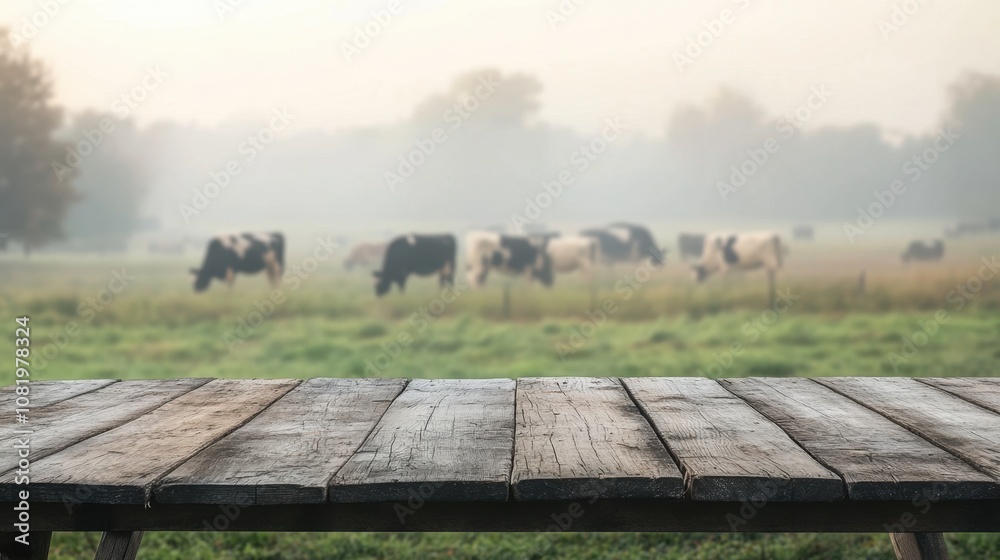 Tranquil Rural Scene with Cows Grazing in a Misty Field at Dawn, Wooden Table in Foreground, Natural Landscape, Peaceful Morning Atmosphere, Farm Life Tranquil Rural Scene with Cows Grazing in a Misty Field at Dawn, Wooden Table in Foreground, Natural Landscape, Peaceful Morning Atmosphere, Farm Life