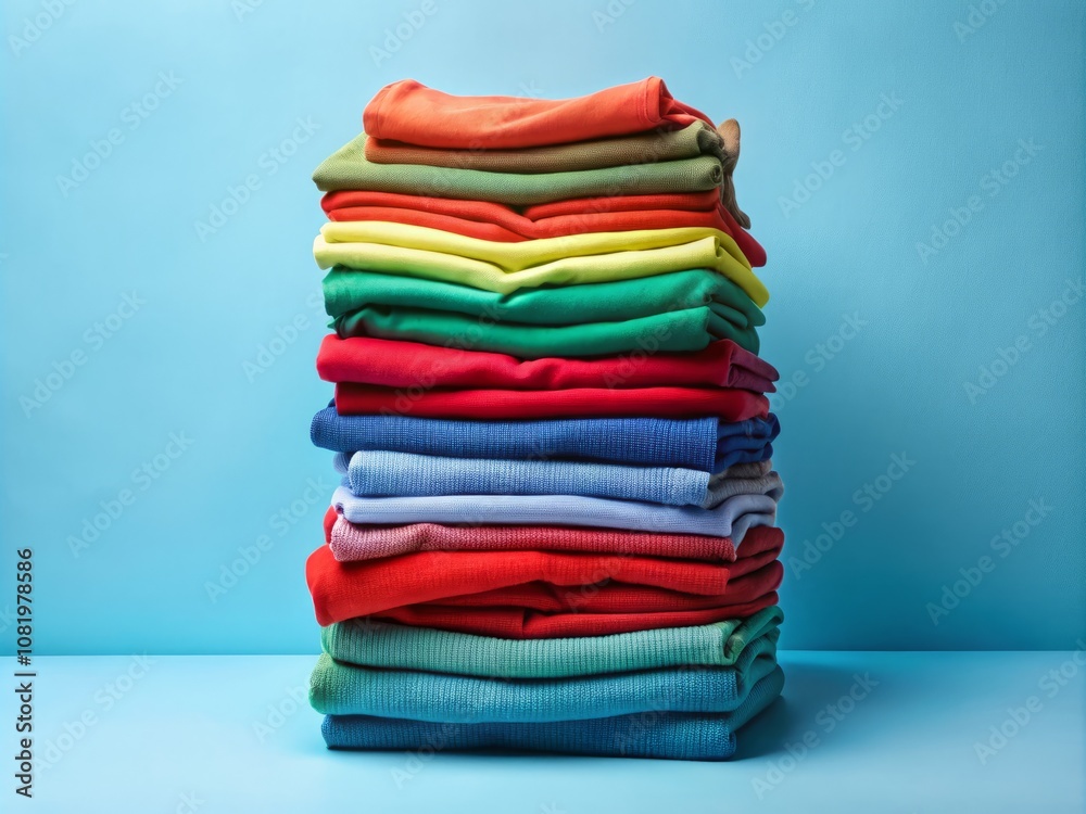 Aerial View of a Colorful Stack of Folded Clothes in Vibrant Hues on a Light Blue Background, Perfectly Organized for a Fresh and Tidy Aesthetic Aerial View of a Colorful Stack of Folded Clothes in Vibrant Hues on a Light Blue Background, Perfectly Organized for a Fresh and Tidy Aesthetic