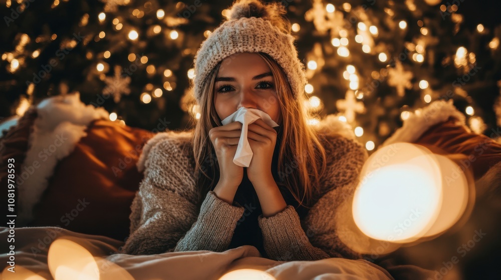 Cozy Winter Evening with Young Woman Feeling Under the Weather Amidst Holiday Lights and Soft Blankets in a Warm Indoor Setting Cozy Winter Evening with Young Woman Feeling Under the Weather Amidst Holiday Lights and Soft Blankets in a Warm Indoor Setting