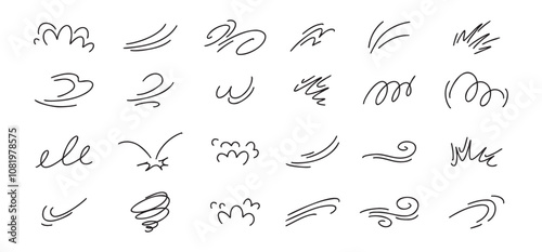 Doodle line wind moving set. Breath of the typhoon. Flat wind moves Vector isolated illustration