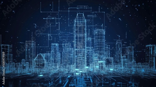 Futuristic cityscape with digital blueprints overlay