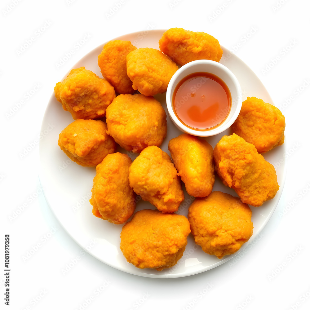 A plate of golden chicken nuggets with a small cup of dipping sauce, set against a white background A plate of golden chicken nuggets with a small cup of dipping sauce, set against a white background
