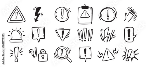 Warnings related hand drawn doodle simple icons set. Vector line drawing warnings related icons.