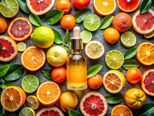 Aerial View of Vibrant Citrus Fruits Surrounding a Glass Dropper Bottle Filled with Golden Serum, Evoking Freshness and Invigoration in an Eye-Catching Arrangement