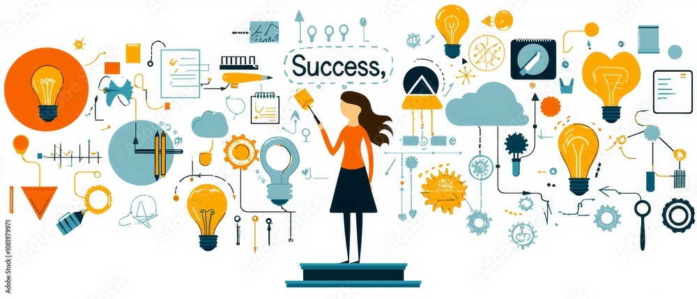 The image portrays a woman standing on a pedestal amidst various icons representing success, ideas, and innovation. The image portrays a woman standing on a pedestal amidst various icons representing success, ideas, and innovation.