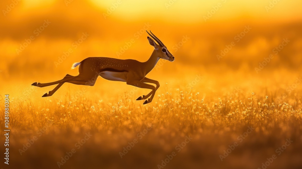 A Gazelle Leaping Through Golden Grass at Sunset