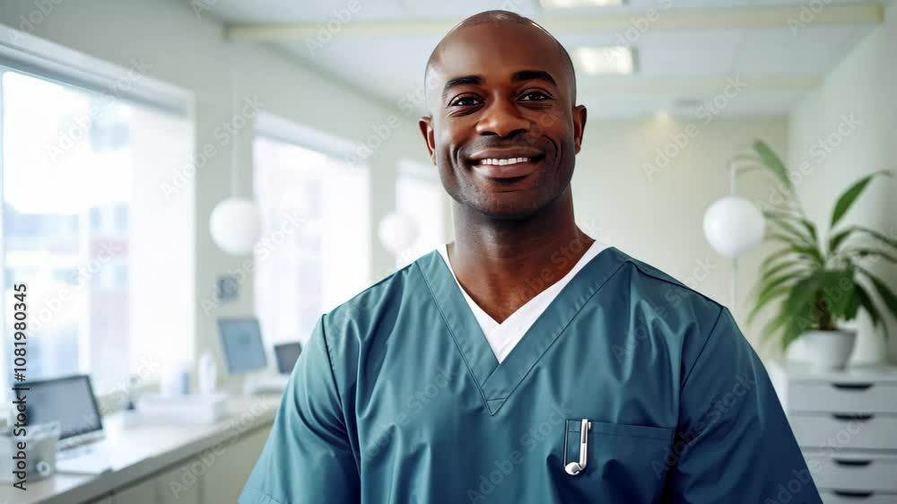 Friendly African American Black Male Man Nurse Doctor Smiling in Hospital Corridor - Healthcare Professional Portrait in Medical Uniform Friendly African American Black Male Man Nurse Doctor Smiling in Hospital Corridor - Healthcare Professional Portrait in Medical Uniform