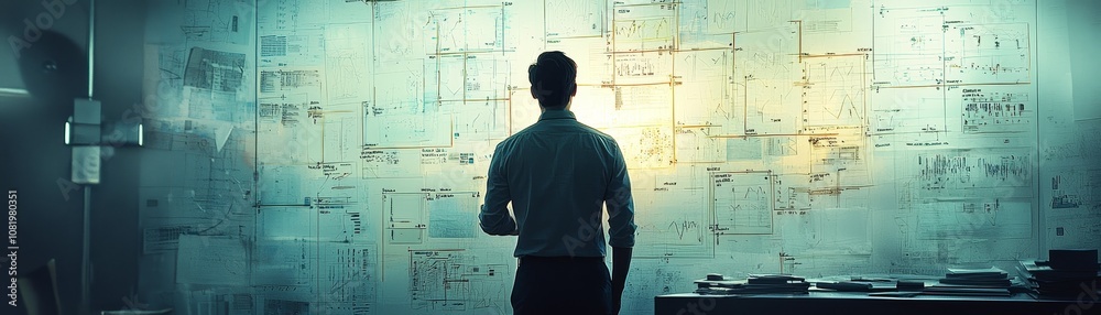 A contemplative figure stands before a wall covered in complex diagrams and notes, suggesting deep thought and analysis. A contemplative figure stands before a wall covered in complex diagrams and notes, suggesting deep thought and analysis.