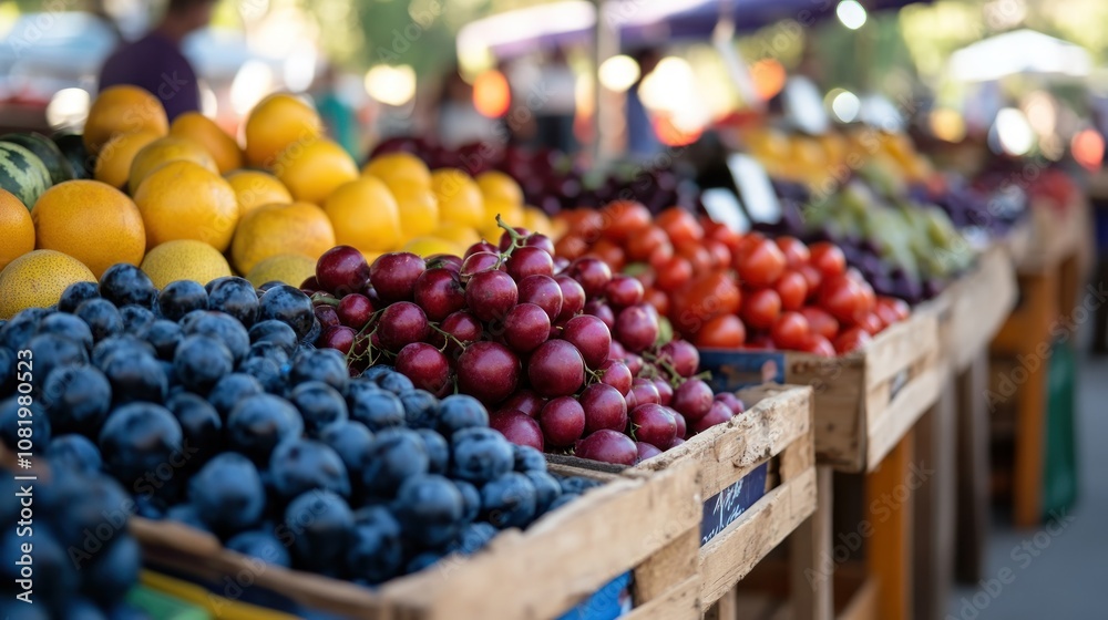 Close-up of Fresh Fruits in Wooden Crates at a Market Stall Close-up of Fresh Fruits in Wooden Crates at a Market Stall