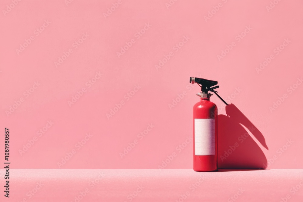 Obraz premium Minimalistic fire extinguisher against pink background for safety awareness and design projects