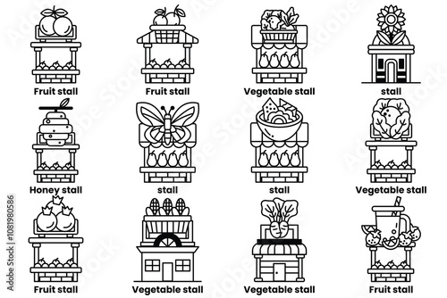 A set of illustrations in the concept of street food stalls in a line drawing style