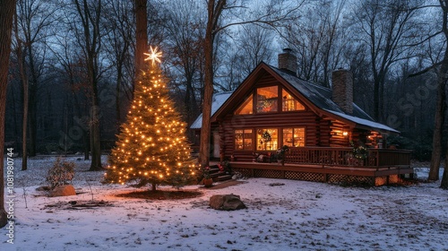 Warm Holiday Glow: Christmas Tree Inside a Log Cabin in the Snowy Woods photo