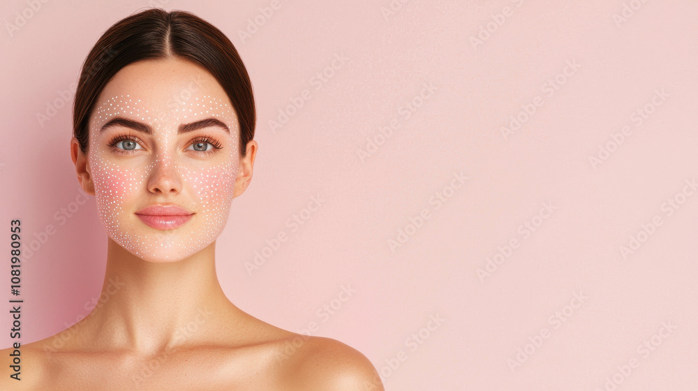 Woman with clear skin and dotted facial treatment stands against soft pink background, exuding sense of calm and beauty Woman with clear skin and dotted facial treatment stands against soft pink background, exuding sense of calm and beauty